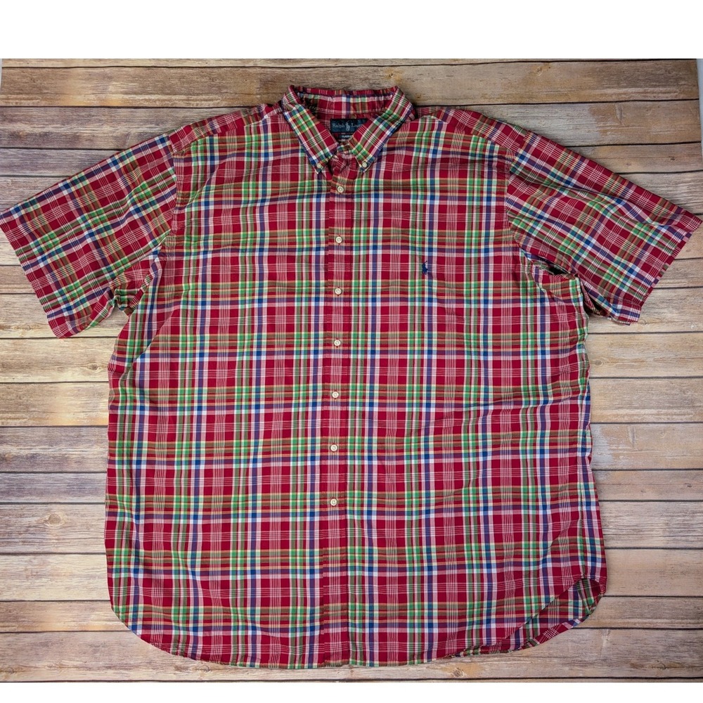Ralph Lauren Plaid Button Down Shirt Mens 4XLT Cotton Red Multi Classic Fit Tall